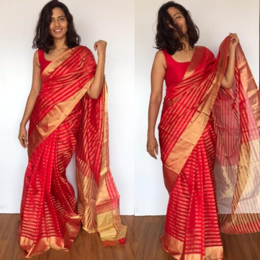 Red Chanderi Silk Saree with Gold Zari Weaves