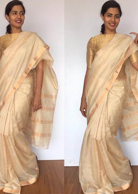 Off white Mangalagiri Silk Saree with gold zari checks