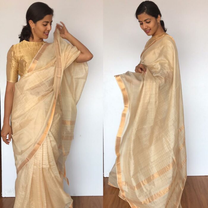 Off white Mangalagiri Silk Saree with gold zari checks