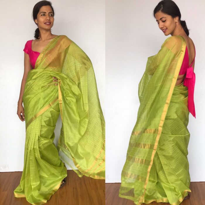 Green Mangalagiri Silk Saree with gold zari checks