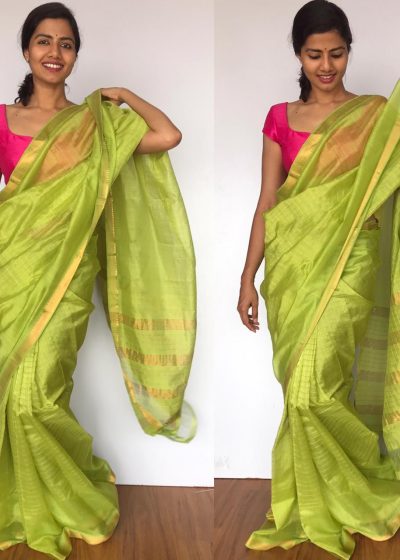 Green Mangalagiri Silk Saree with gold zari checks