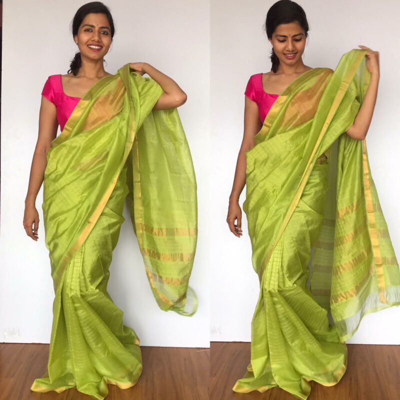 Green Mangalagiri Silk Saree with gold zari checks - Mirra Clothing
