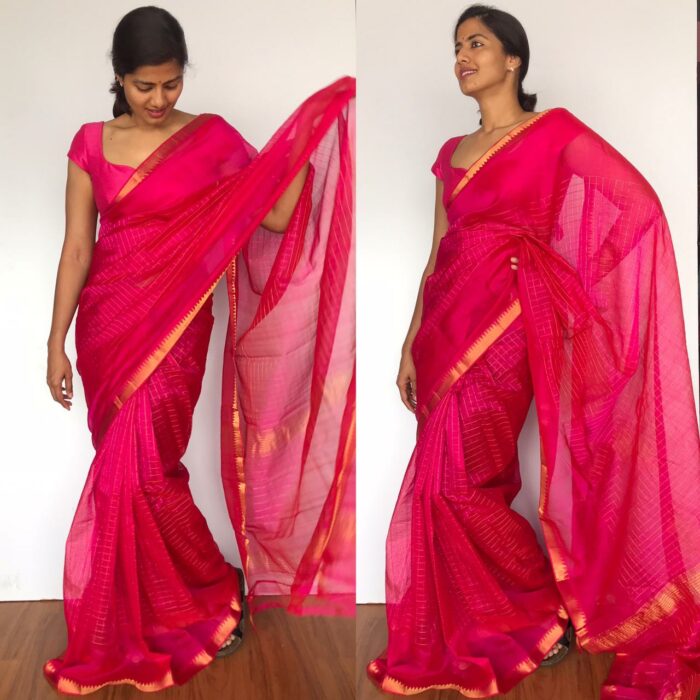 Pink Mangalagiri Silk Saree with gold zari checks