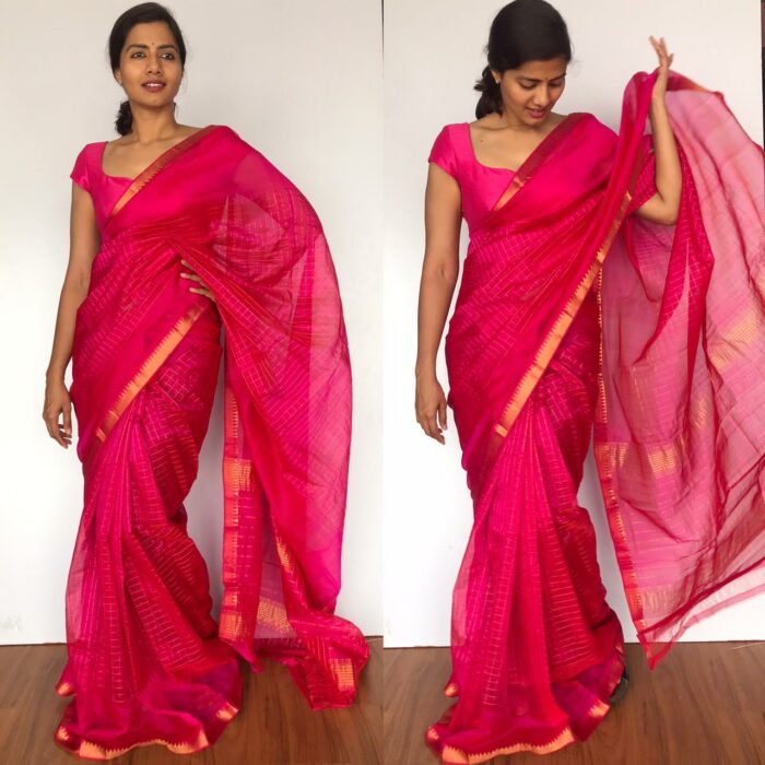 Pink Mangalagiri Silk Saree with gold zari checks