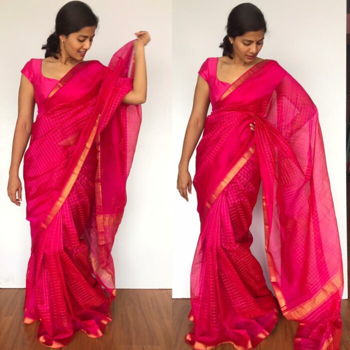 Pink Mangalagiri Silk Saree with gold zari checks