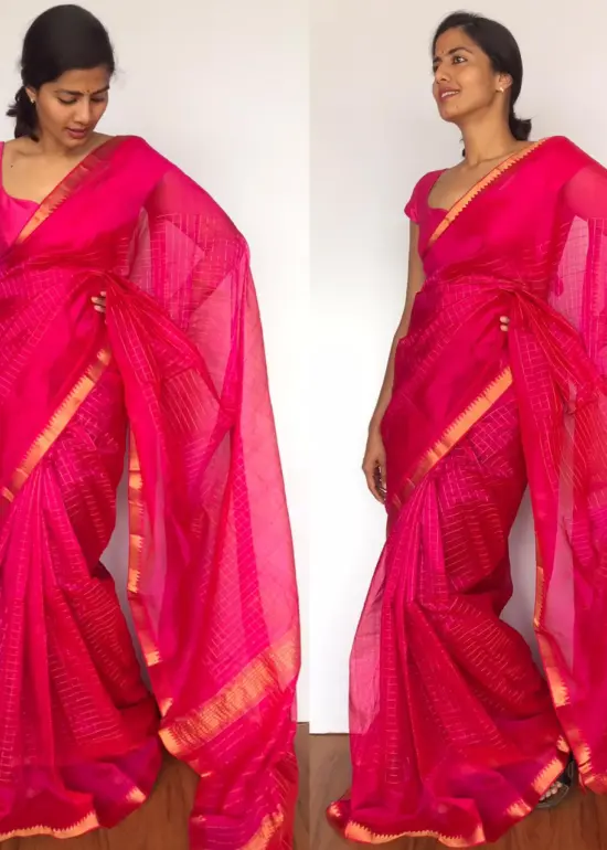 Pink Mangalagiri Silk Saree with gold zari checks