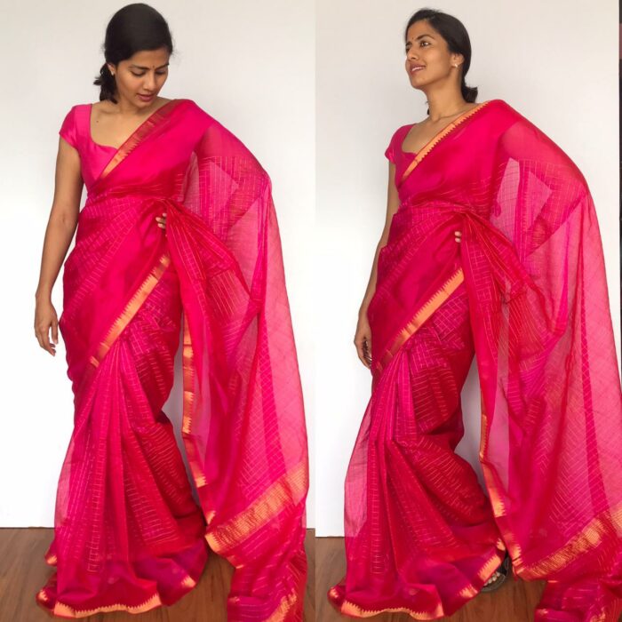 Pink Mangalagiri Silk Saree with gold zari checks