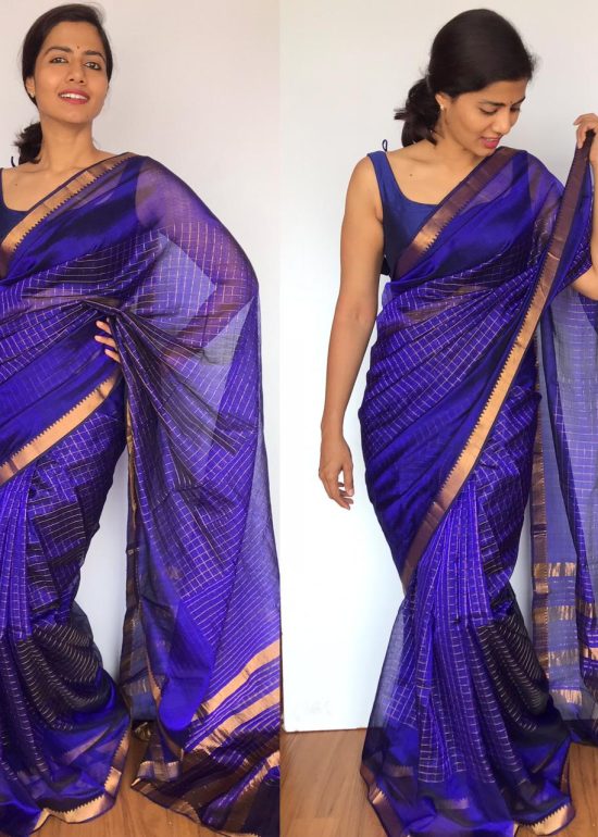 Violet Mangalagiri Silk Saree with gold zari checks
