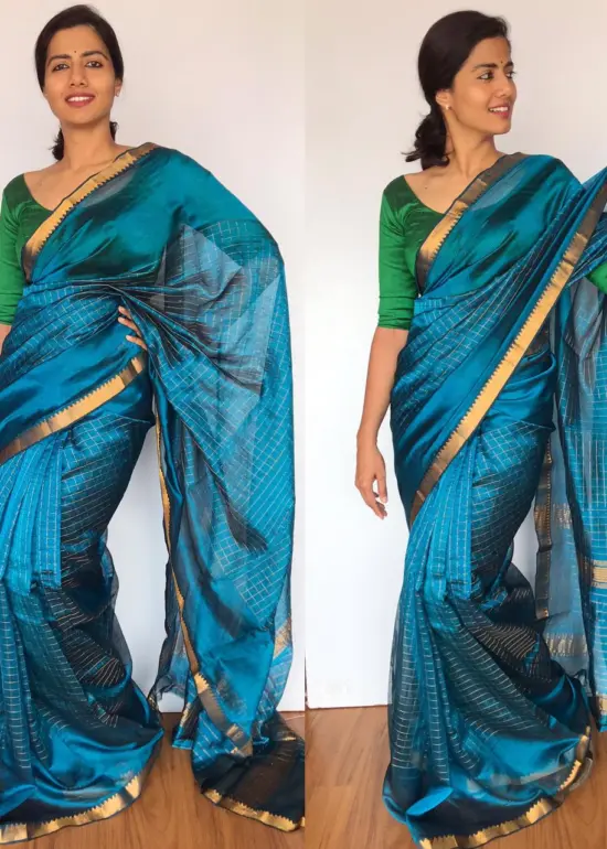 Ocean Blue Mangalagiri Silk Saree with gold zari checks