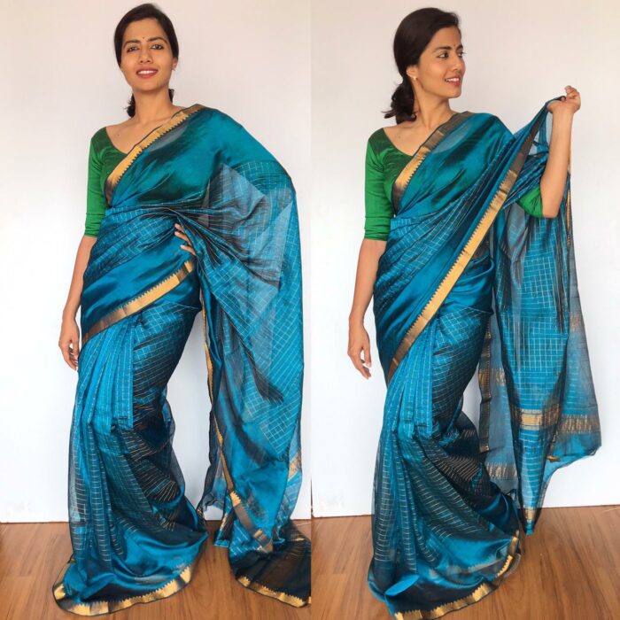 Ocean Blue Mangalagiri Silk Saree with gold zari checks