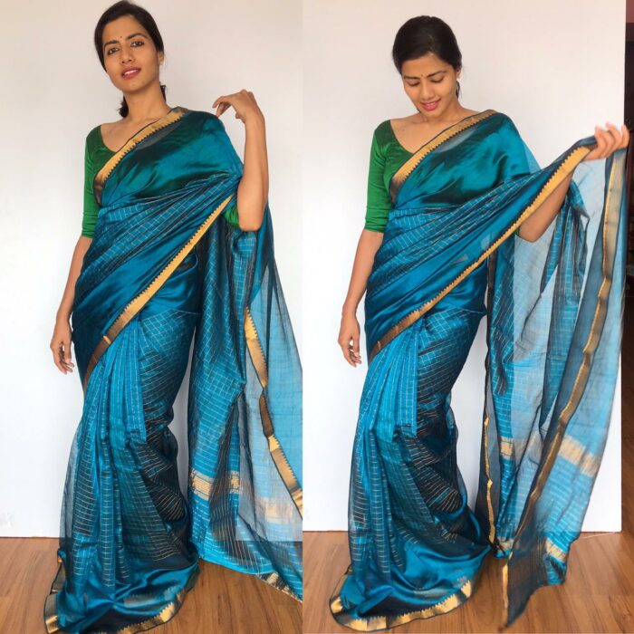 Ocean Blue Mangalagiri Silk Saree with gold zari checks