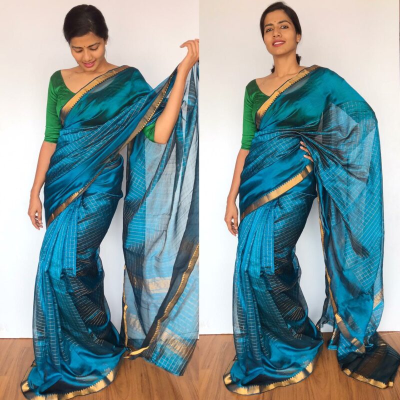 Ocean Blue Mangalagiri Silk Saree with gold zari checks | Mirra clothing