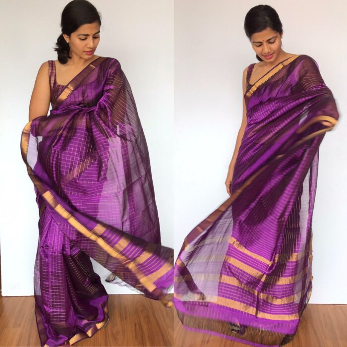 Purple Mangalagiri Silk Saree with gold zari checks