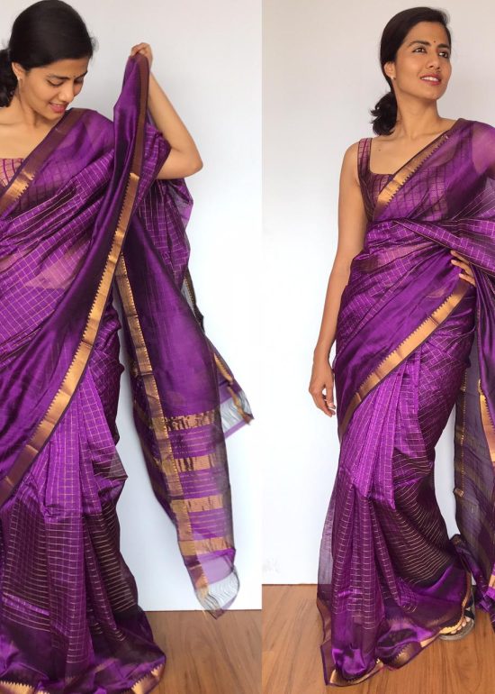Purple Mangalagiri Silk Saree with gold zari checks