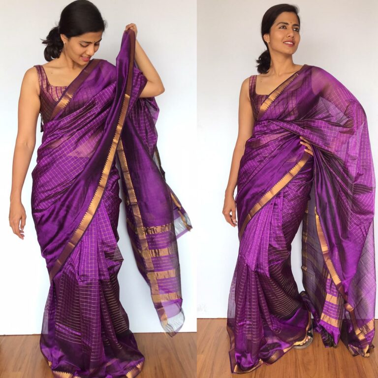 Purple Mangalagiri Silk Saree with gold zari checks | Mirra clothing