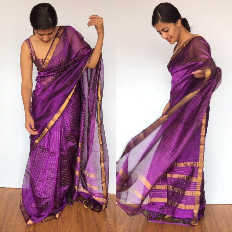 Purple Mangalagiri Silk Saree with gold zari checks | Mirra clothing