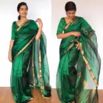 Bottle Green Mangalagiri Silk woven in Gold Zari in Chequered Pattern