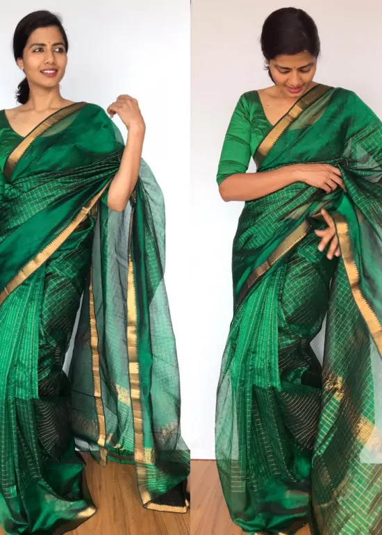 Bottle Green Mangalagiri Silk woven in Gold Zari in Chequered Pattern