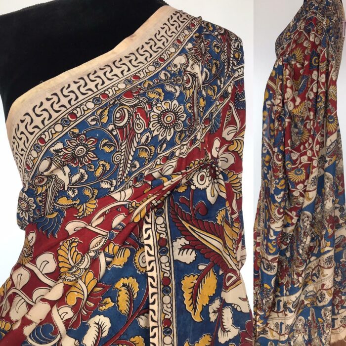 Maroon Printed Kalamkari Silk Saree