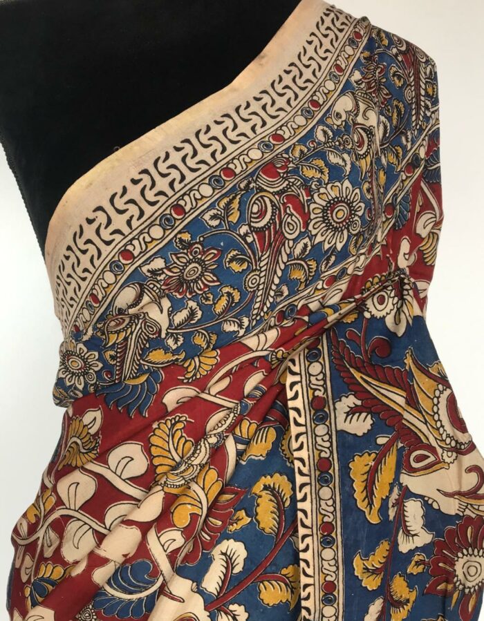 Maroon Printed Kalamkari Silk Saree