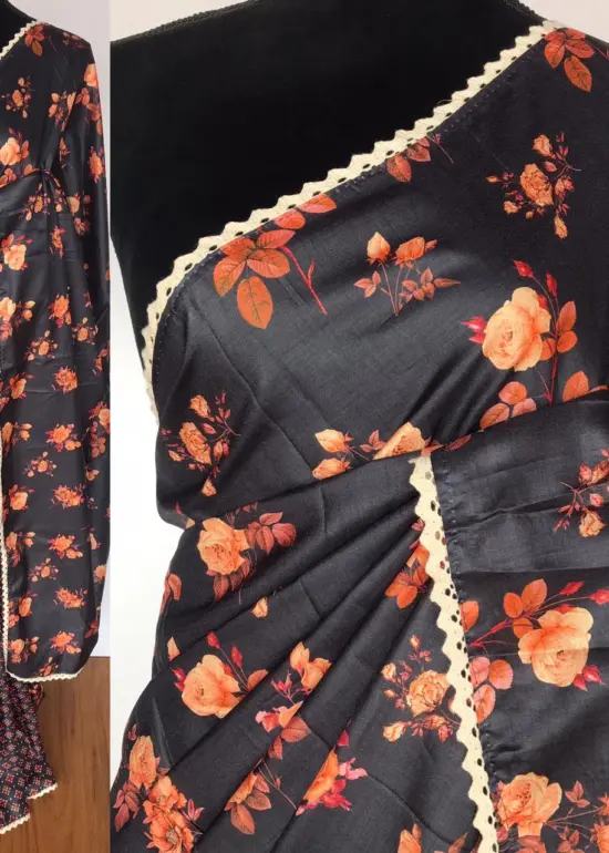 Black Banarasi Silk Saree with Printed Florals