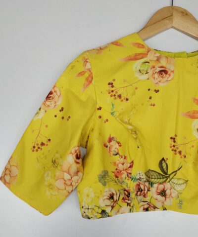 Yellow Georgette satin Blouse with Floral Prints