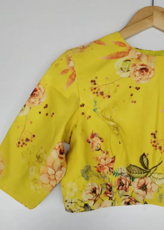 Yellow Georgette satin Blouse with Floral Prints