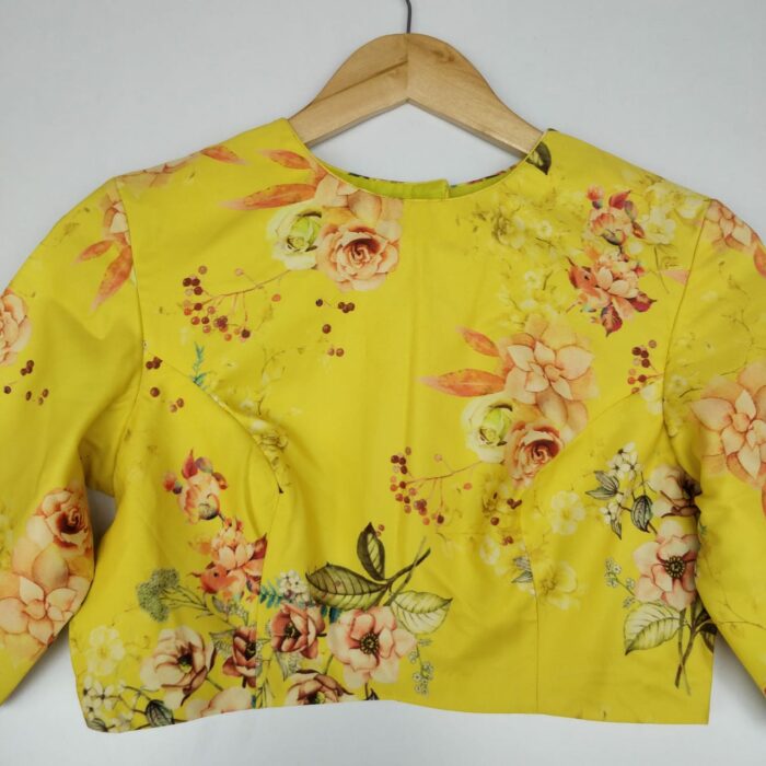 Yellow Georgette satin Blouse with Floral Prints