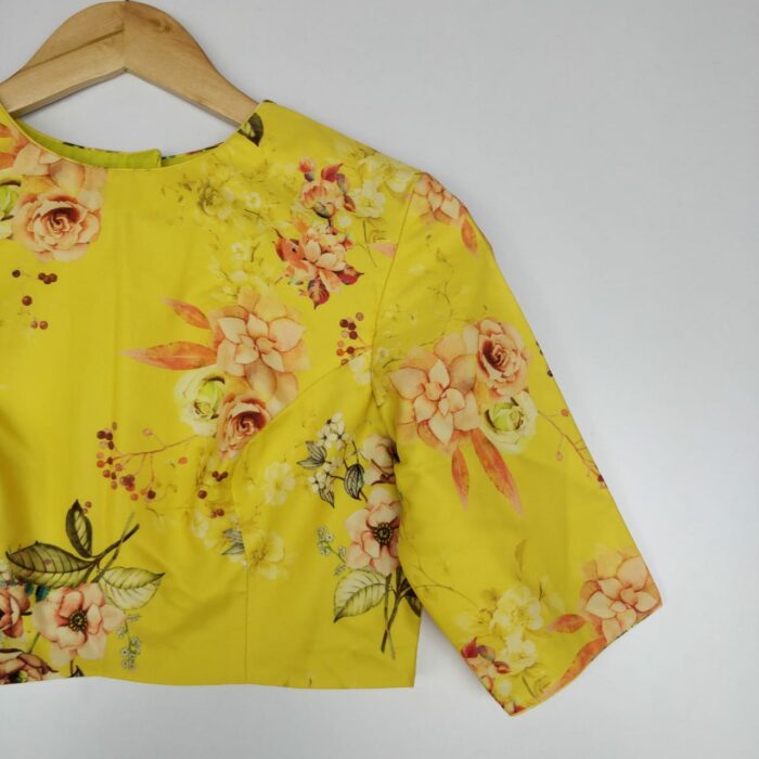 Yellow Georgette satin Blouse with Floral Prints