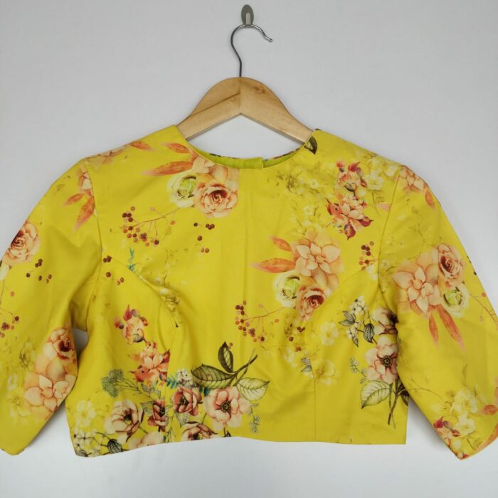 Yellow Georgette satin Blouse with Floral Prints