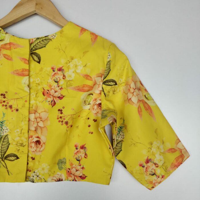 Yellow Georgette satin Blouse with Floral Prints