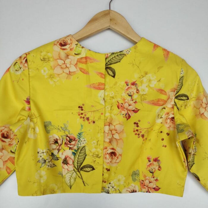 Yellow Georgette satin Blouse with Floral Prints