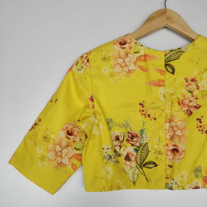Yellow Georgette satin Blouse with Floral Prints