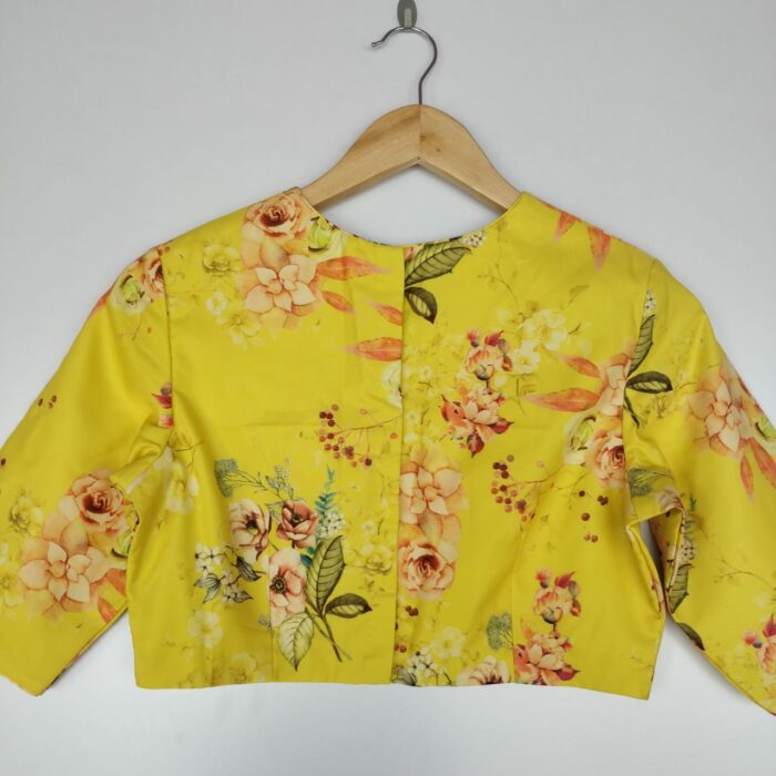 Yellow Georgette satin Blouse with Floral Prints