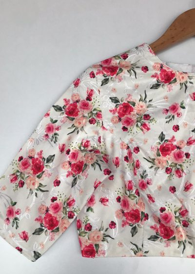 White Embroidered Georgette Satin Blouse With Floral Prints