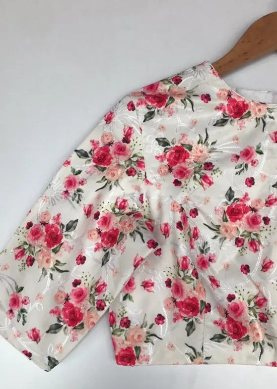 White Embroidered Georgette Satin Blouse With Floral Prints