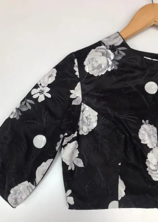 Black Embroidered Georgette Satin Blouse With Floral Prints