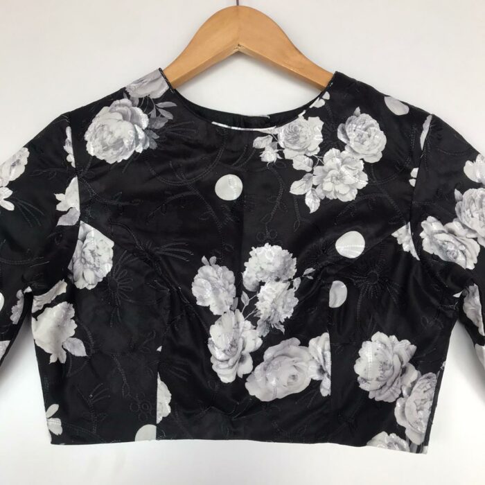 Black Embroidered Georgette Satin Blouse With Floral Prints