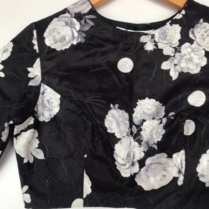 Black Embroidered Georgette Satin Blouse With Floral Prints