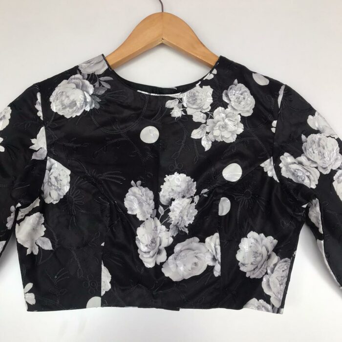 Black Embroidered Georgette Satin Blouse With Floral Prints