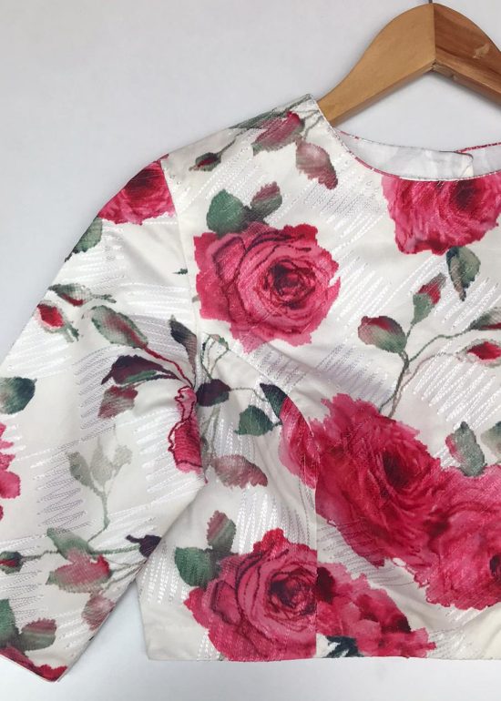 White Embroidered Georgette Satin Blouse With Floral Prints