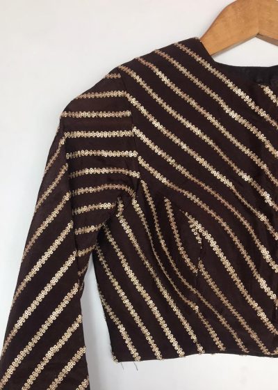 Coffee Brown Chinnon Silk Blouse with Sequins Embroidery in Leheriya Pattern
