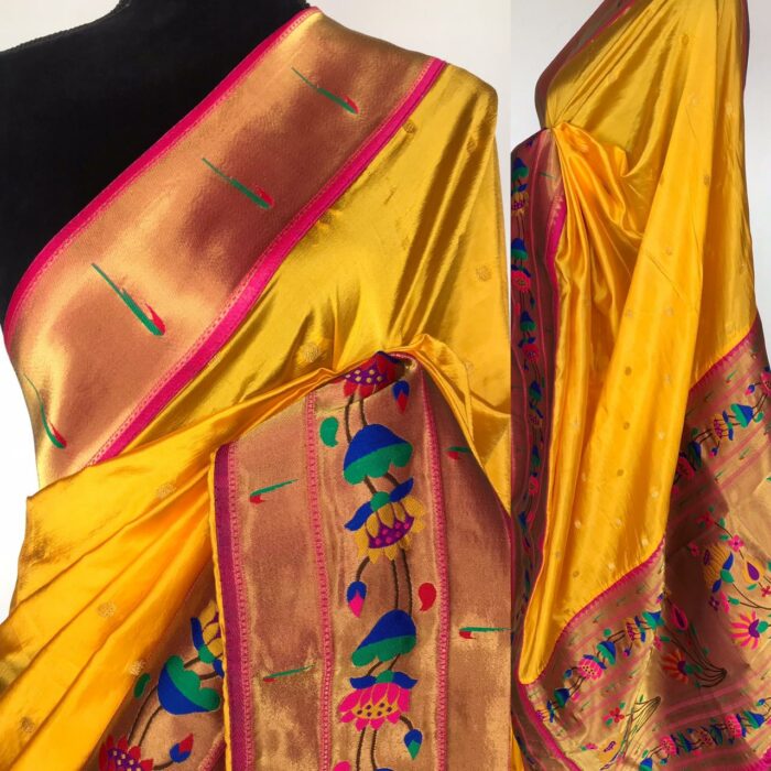 Yellow Banarasi Silk Saree with Paithani Weaves