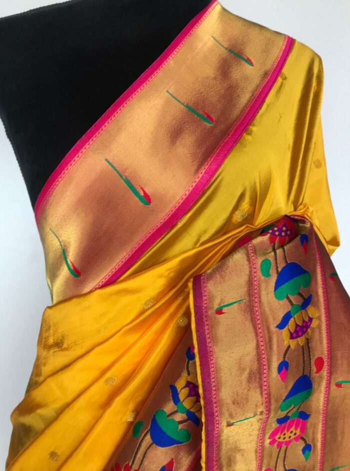 Yellow Banarasi Silk Saree with Paithani Weaves