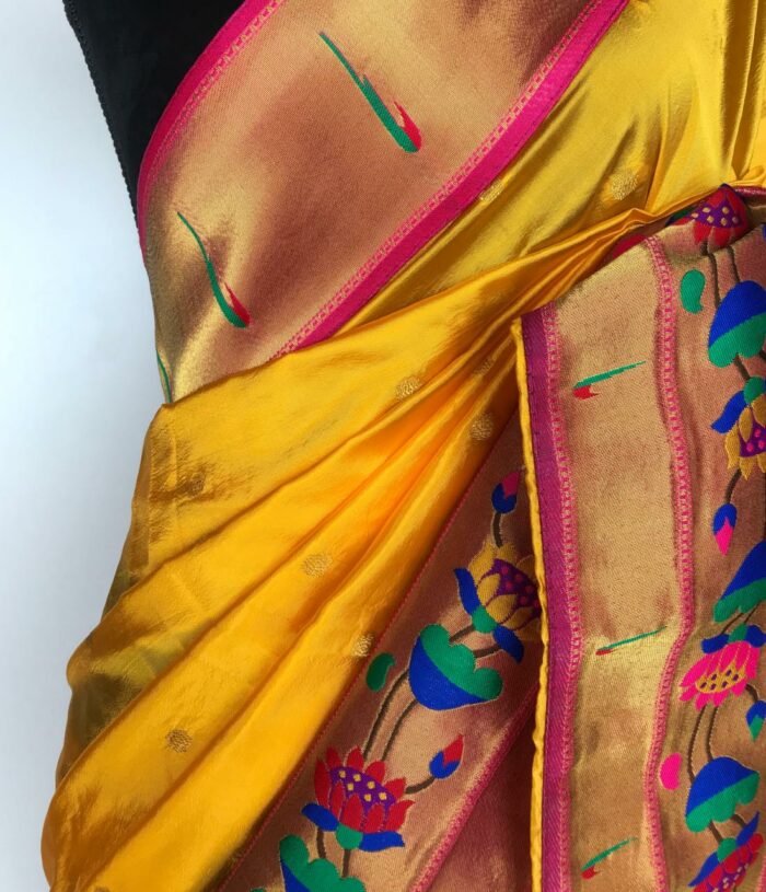 Yellow Banarasi Silk Saree with Paithani Weaves