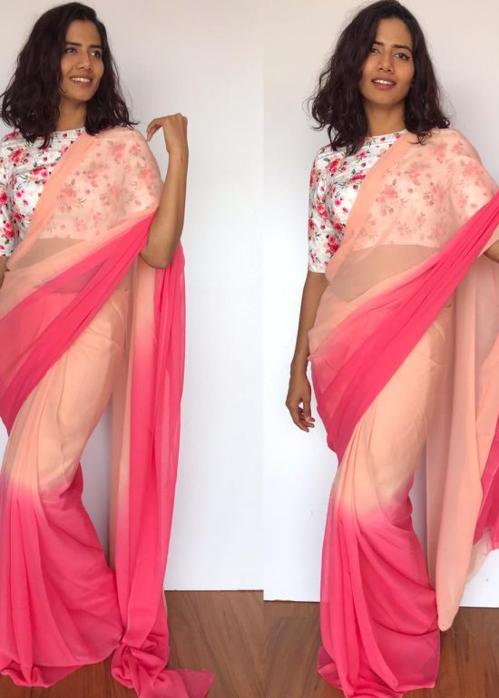 Creamy Pink Dual Shaded Georgette Saree with Stitched Blouse