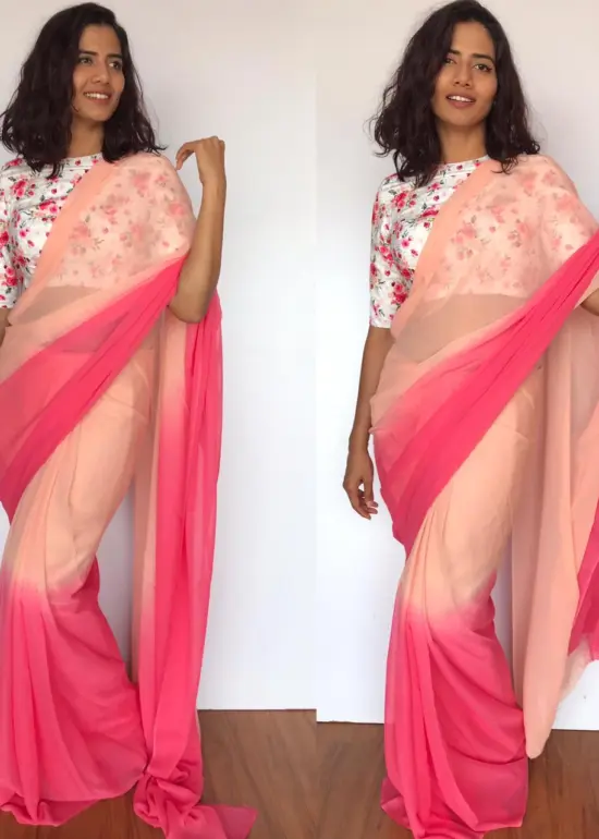 Creamy Pink Dual Shaded Georgette Saree with Stitched Blouse