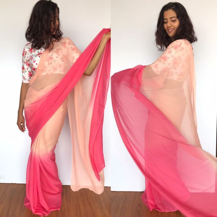 Creamy Pink Dual Shaded Georgette Saree with Stitched Blouse