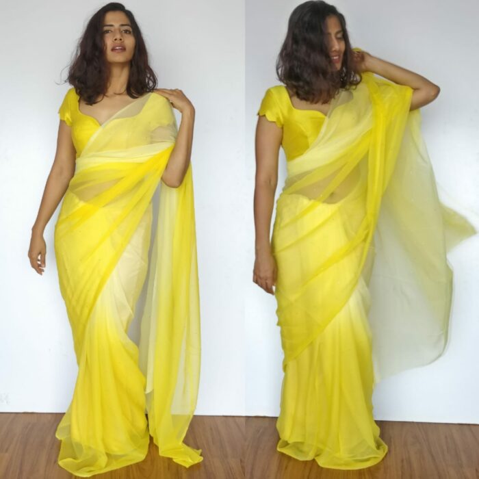 Lime Yellow Chiffon Saree with Badla work