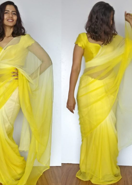 Lime Yellow Chiffon Saree with Badla work